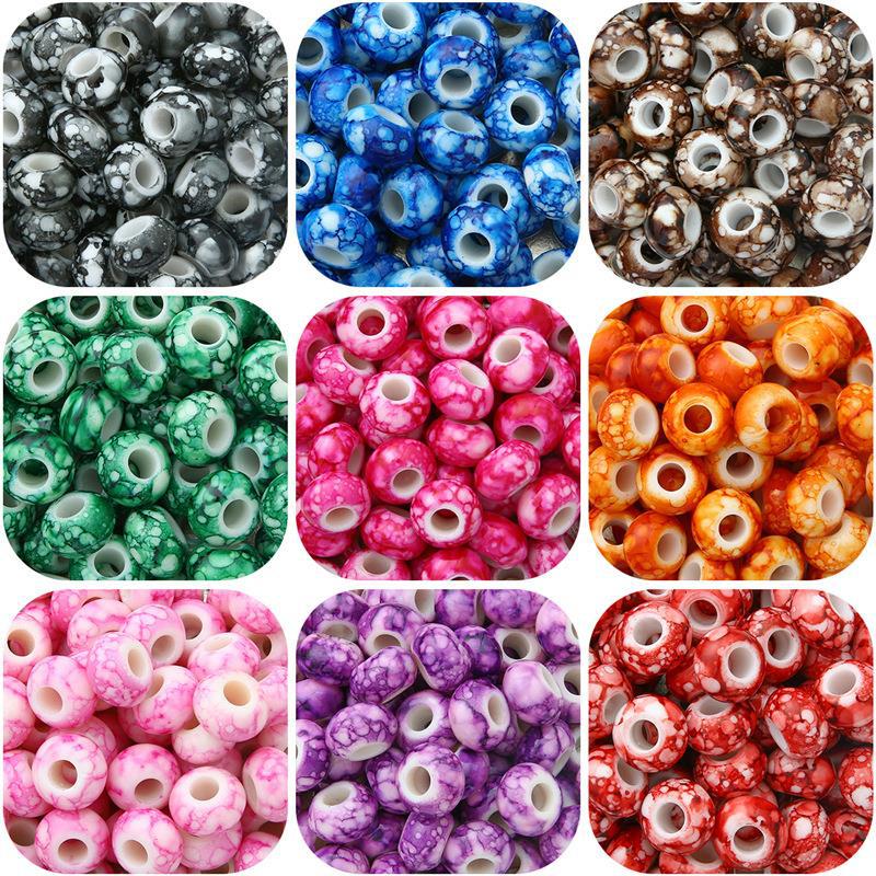 Flat Acrylic Beads 15mm Large Hole Printed Marbled 60pcs