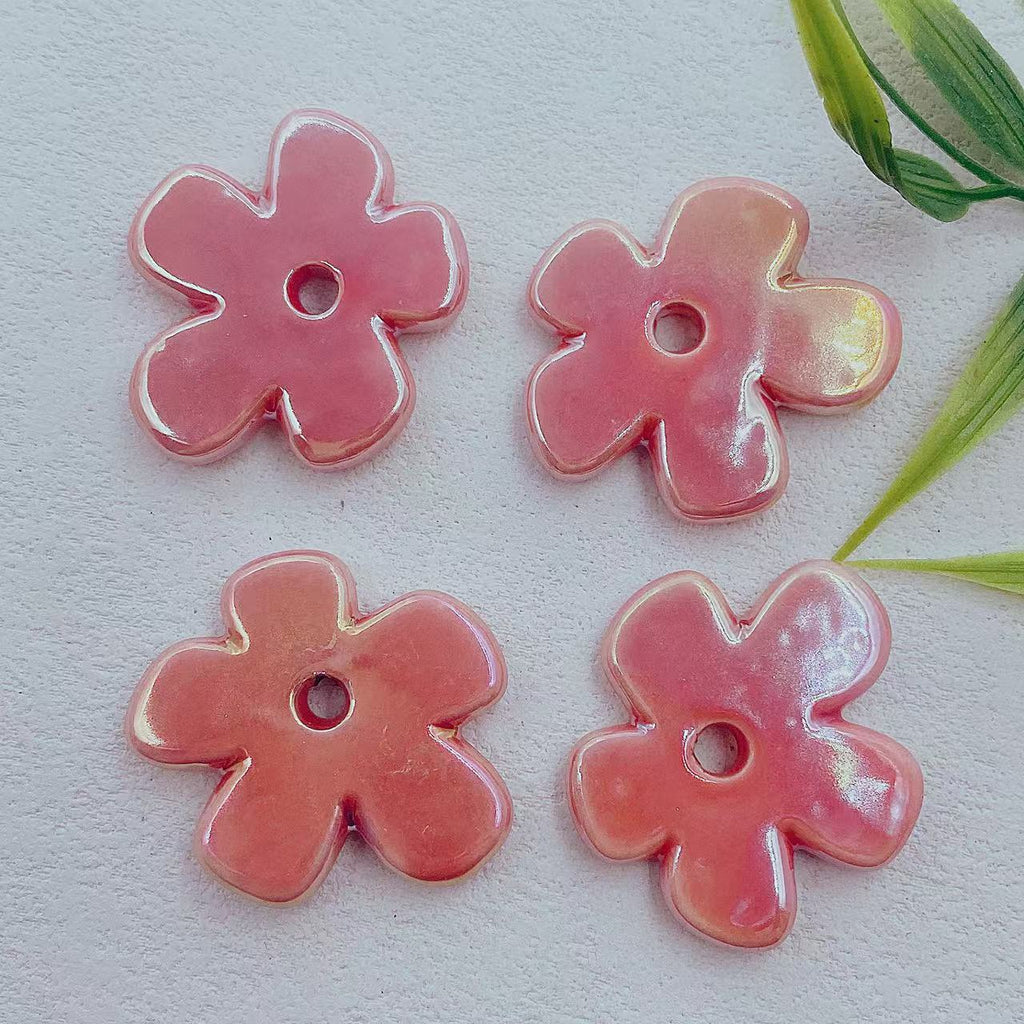 Flat Five-petal Flower Ceramic Beads 36mm Colorful Glazed 10pcs 5