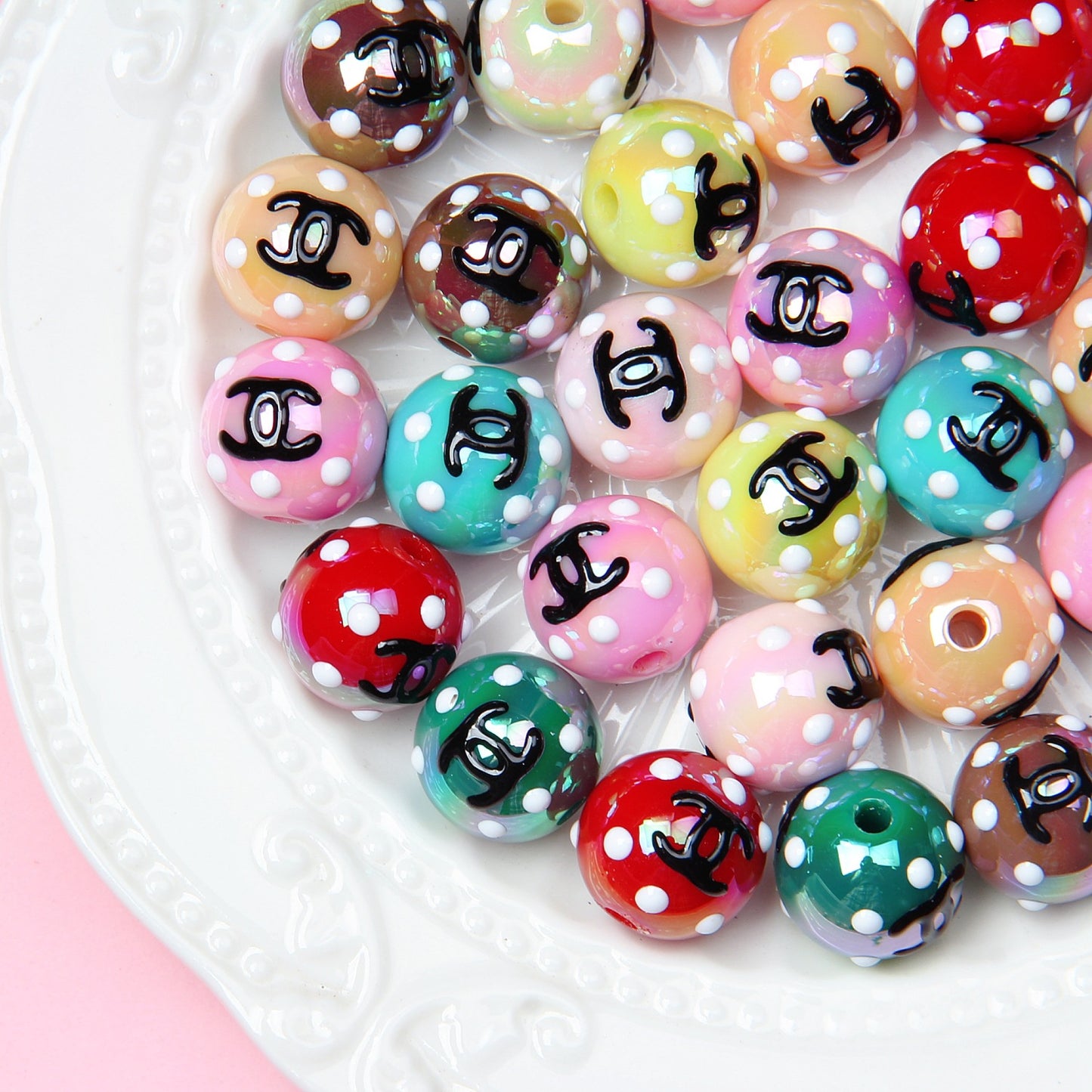 Hand Painted Cat Claw Strawberry Series Acrylic Beads 16mm 10pcs 2