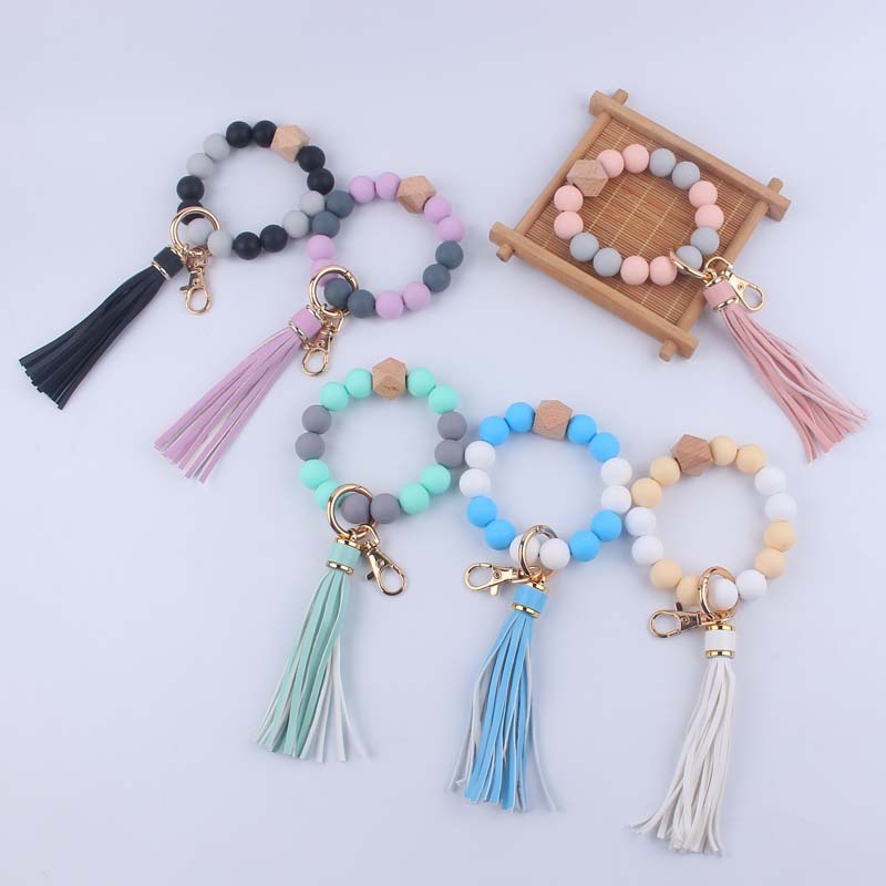 Silicone Beaded Wristlet Keychain with Leather Tassel and Octagonal Wood Accent