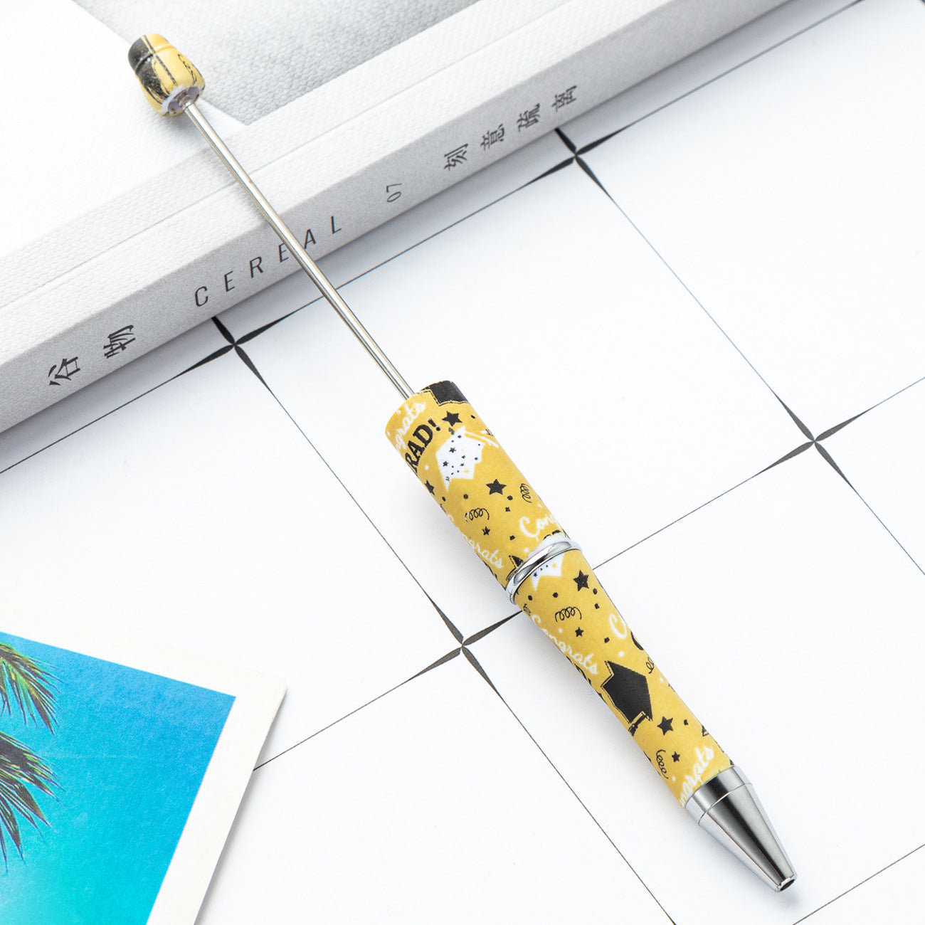 Beadable Pen Plastic Black Barrel Golden Caps Printed Graduation 11