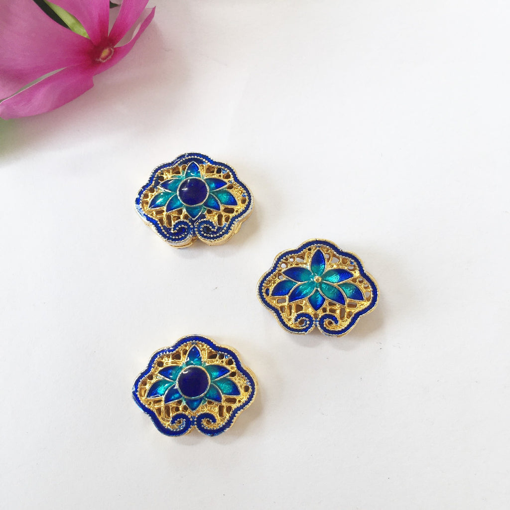 Cloisonne Metal Beads 20mm Lotus Pattern Enamel Lake Blue 25pcs 3