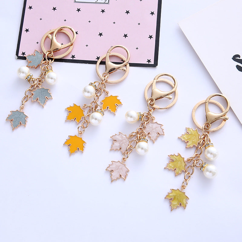 Alloy Maple Leaf Keychain with Faux Pearl Gold Tone 2