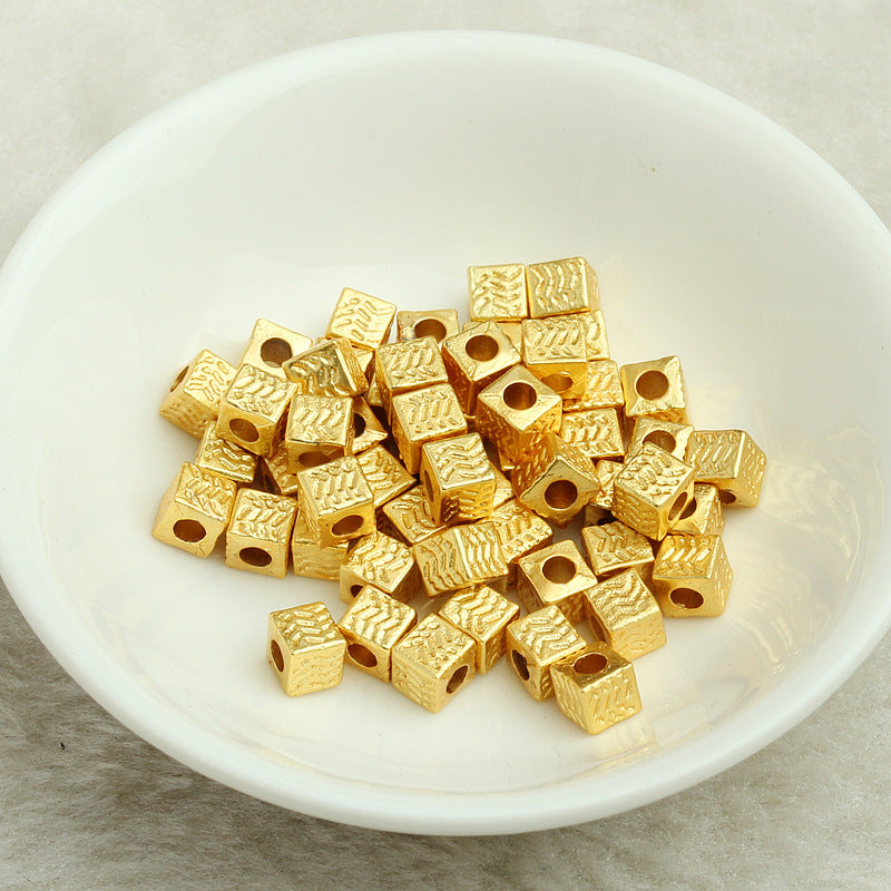 Square Metal Beads 4.5mm Matte Gold Wave Line Pattern 50pcs 4