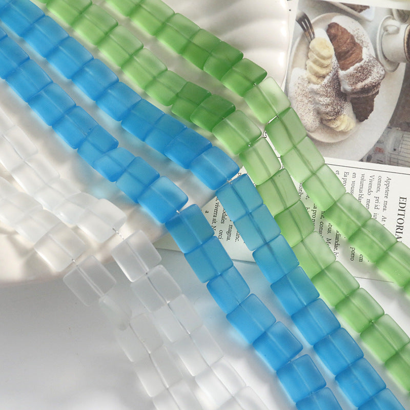 Frosted Square Glass Beads 12mm White Blue Green 10pcs