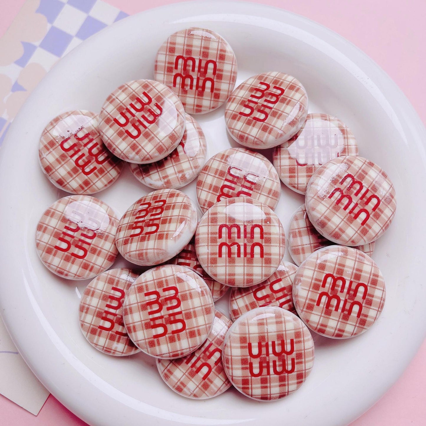 Flat Acrylic Beads 27mm Plaid Pattern Brand Logo Printed 5pcs 9