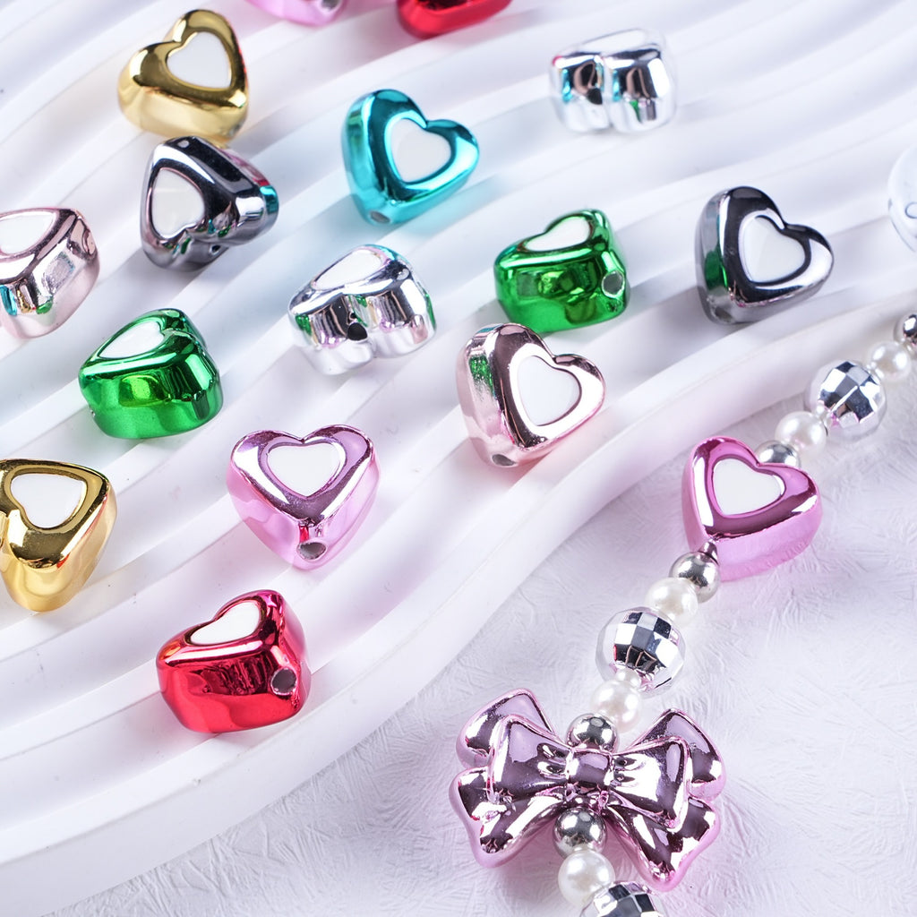 Metal Dual Color Heart Acrylic Beads 15mm Shiny Hollow 50pcs