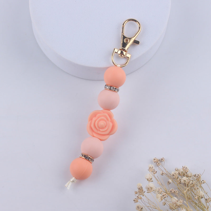 Double-Sided Rose Beaded Silicone Keychain Pastel Colors 7