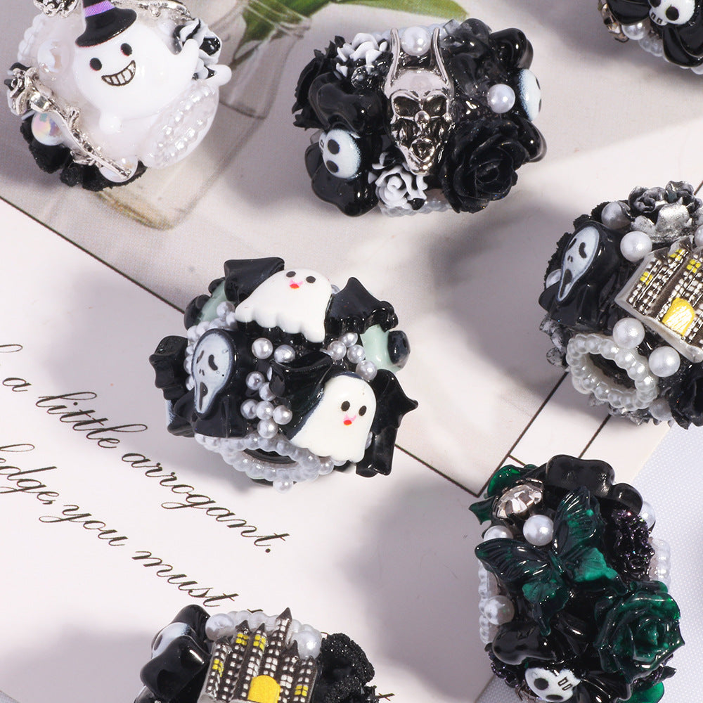 Halloween Barrel Clay Beads 26mm Skull Black Roses Pearl 5pcs