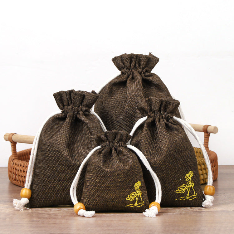 Cotton Linen Drawstring Bags Colorful Lotus Print 8x10-12x15cm 2pcs 16