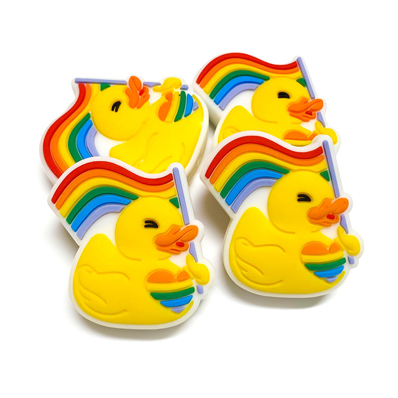 Silicone Focal Beads Little Yellow Duck Holding Rainbow Flag 20pcs