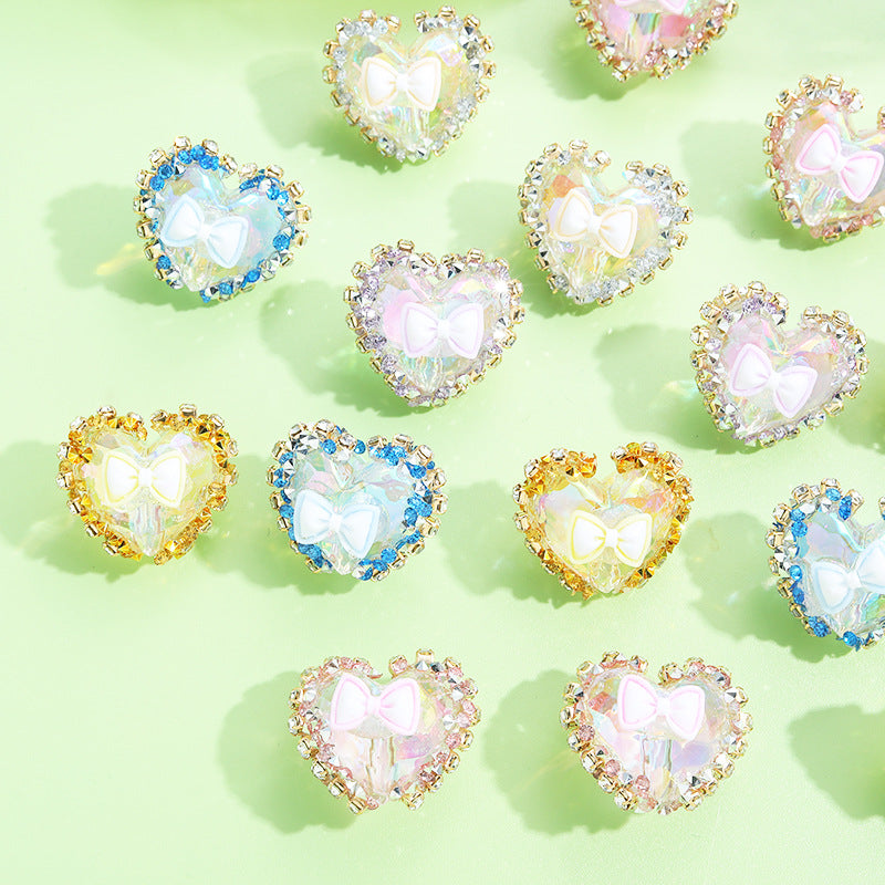 Bow Heart Acrylic Beads 20mm Iridescent Rhinestone Pastel 10pcs 3