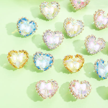 Bow Heart Acrylic Beads 20mm Iridescent Rhinestone Pastel 10pcs 3