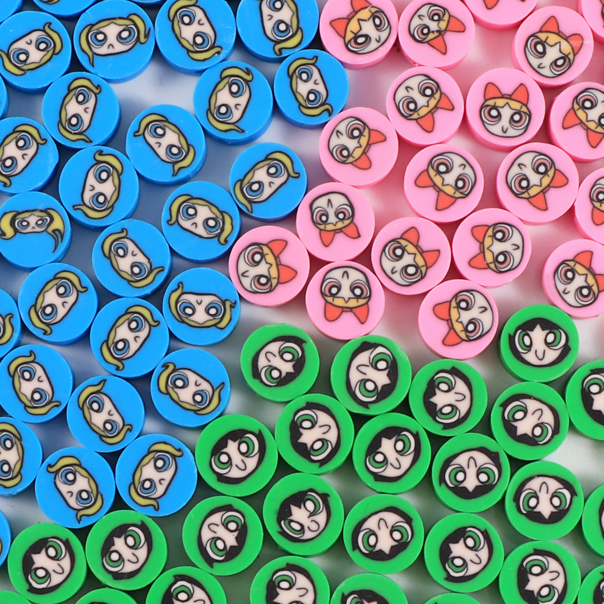 Flat Clay Beads 9mm Power Puff Girl Polymer Colorful 100pcs