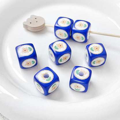 Hand Painted Square Acrylic Beads 14mm Flower Plaid Design 2pcs 12