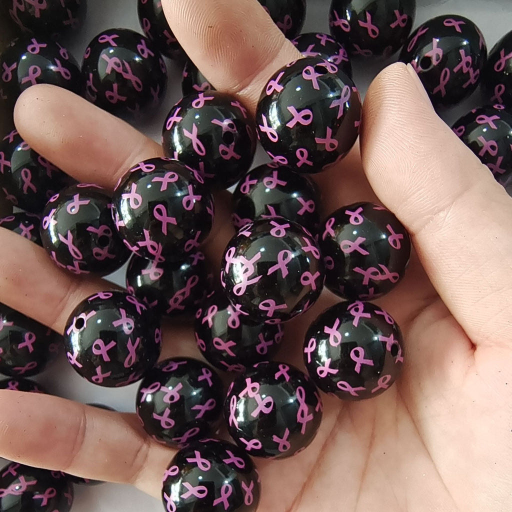 Printed Bubblegum Beads 20mm Black Pink Ribbon Glossy Acrylic 10pcs 2
