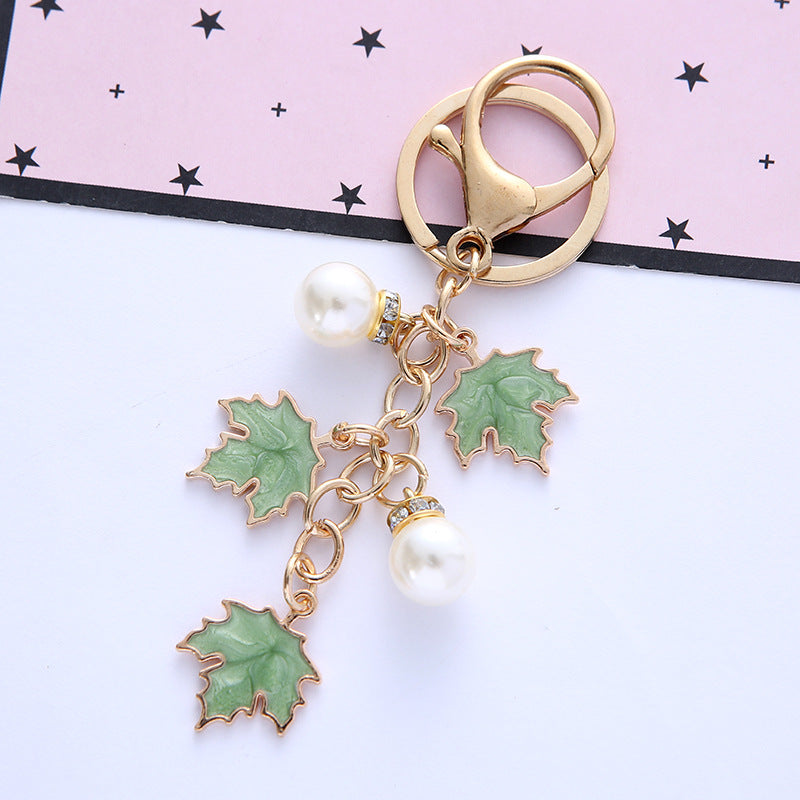 Alloy Maple Leaf Keychain with Faux Pearl Gold Tone 10