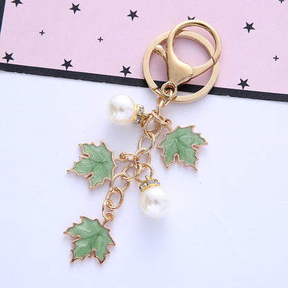 Alloy Maple Leaf Keychain with Faux Pearl Gold Tone 10