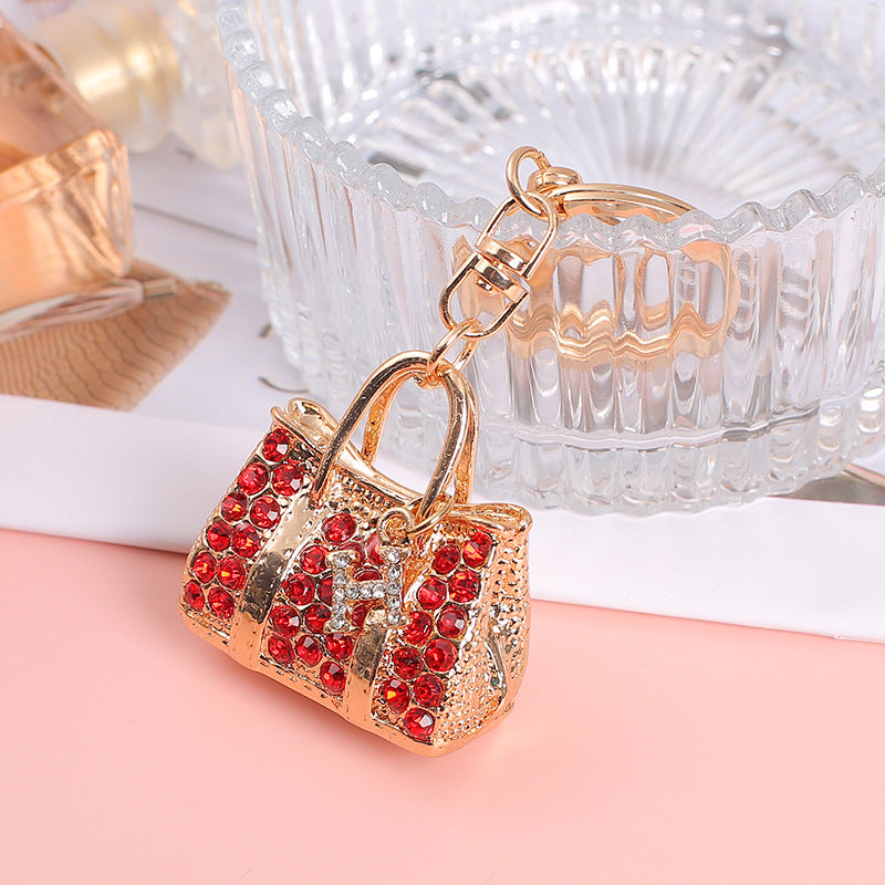 Rhinestone Mini Handbag Metal Keychain Gold Finish Colorful Gems 8