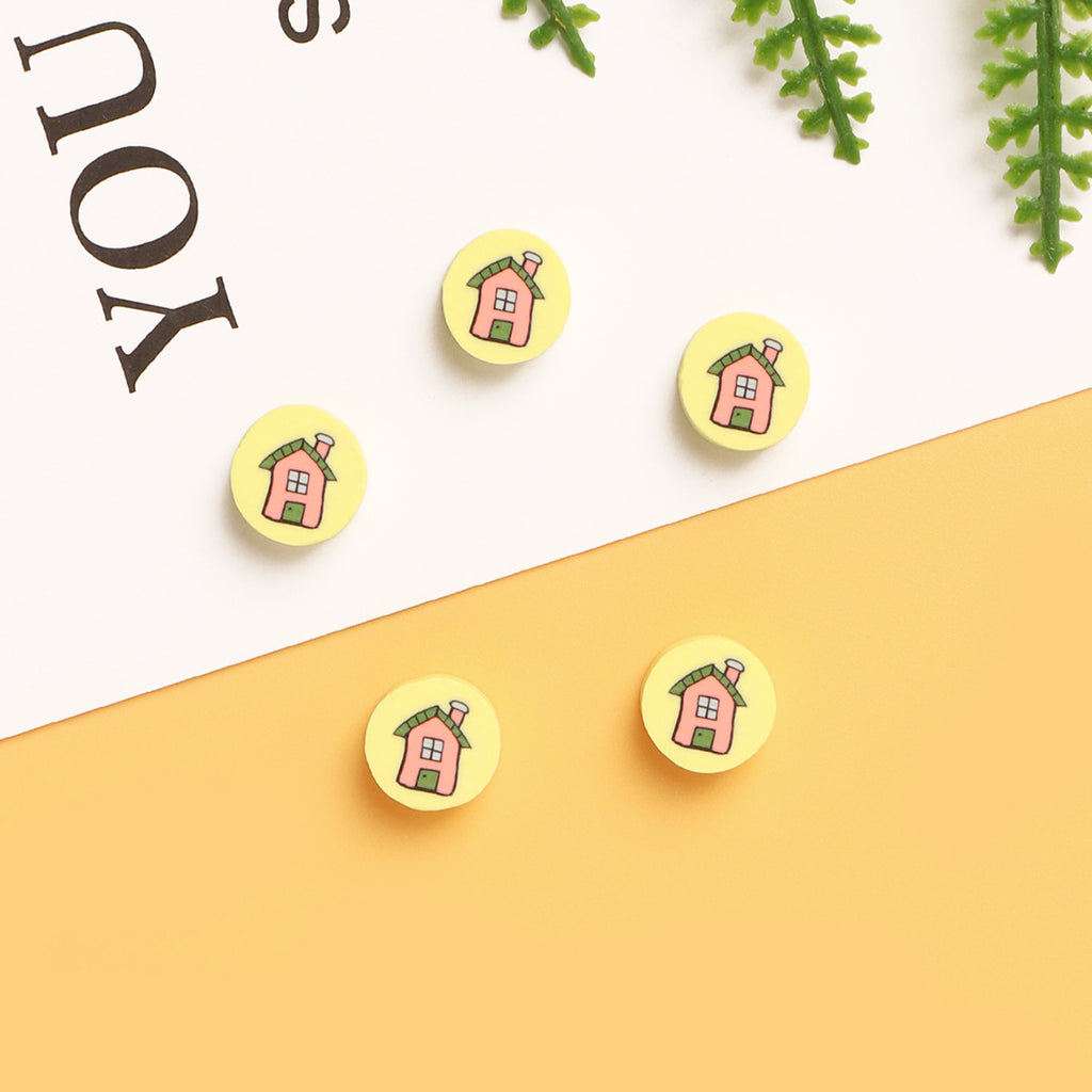 Flat Round Clay Beads 9mm Yellow with Pink House Pattern 100pcs 3