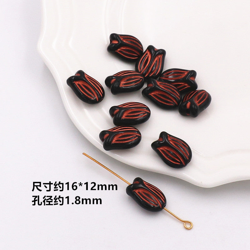 Painted Acrylic Beads Black Red Series Carved Patterns 100pcs 3