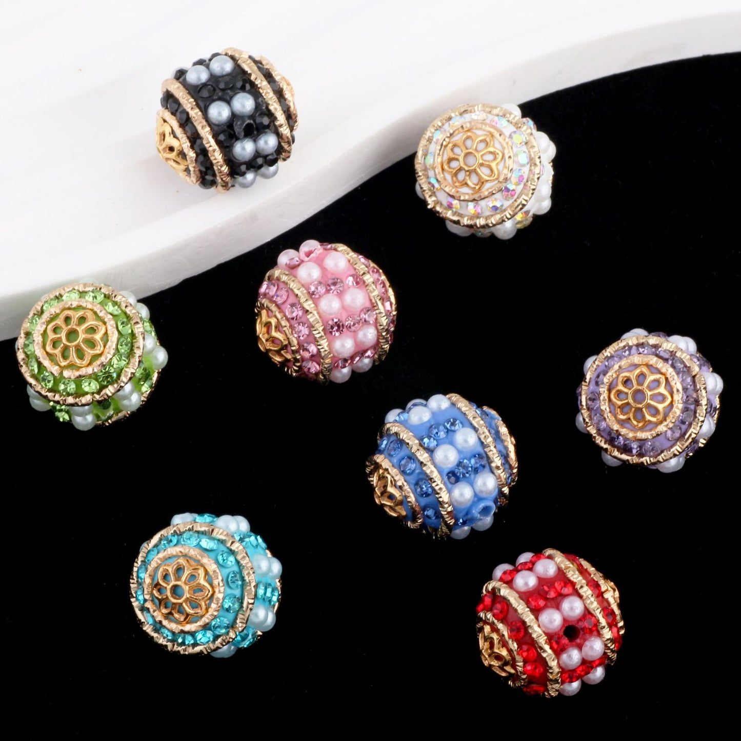 Vintage Nepal 15mm Rhinestone Beads Artificial Pearl Embedded 6pcs 2