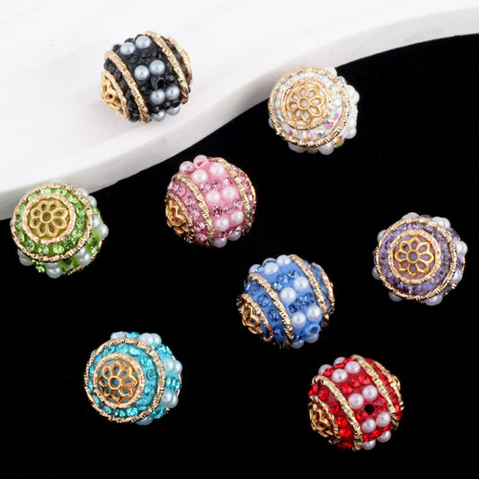 Vintage Nepal 15mm Rhinestone Beads Artificial Pearl Embedded 6pcs 2