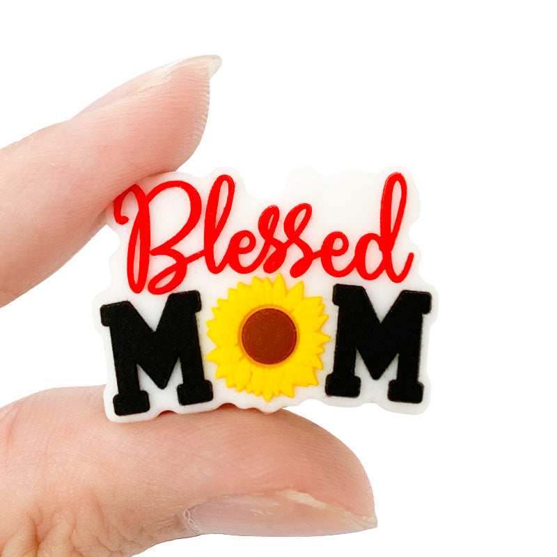 Silicone Focal Beads Blessed Mom Sunflower Lettering 10pcs 4