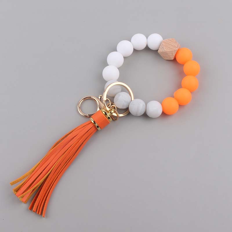 Silicone Beaded Wristlet Keychain with Leather PU Tassel in Pastel Colors 13