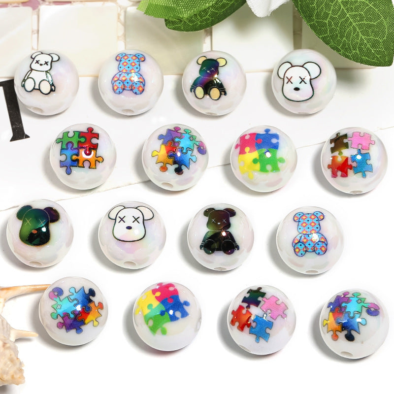 Plating Bearbrick Acrylic Beads 16mm Glossy Jigsaw Pattern 50pcs 4