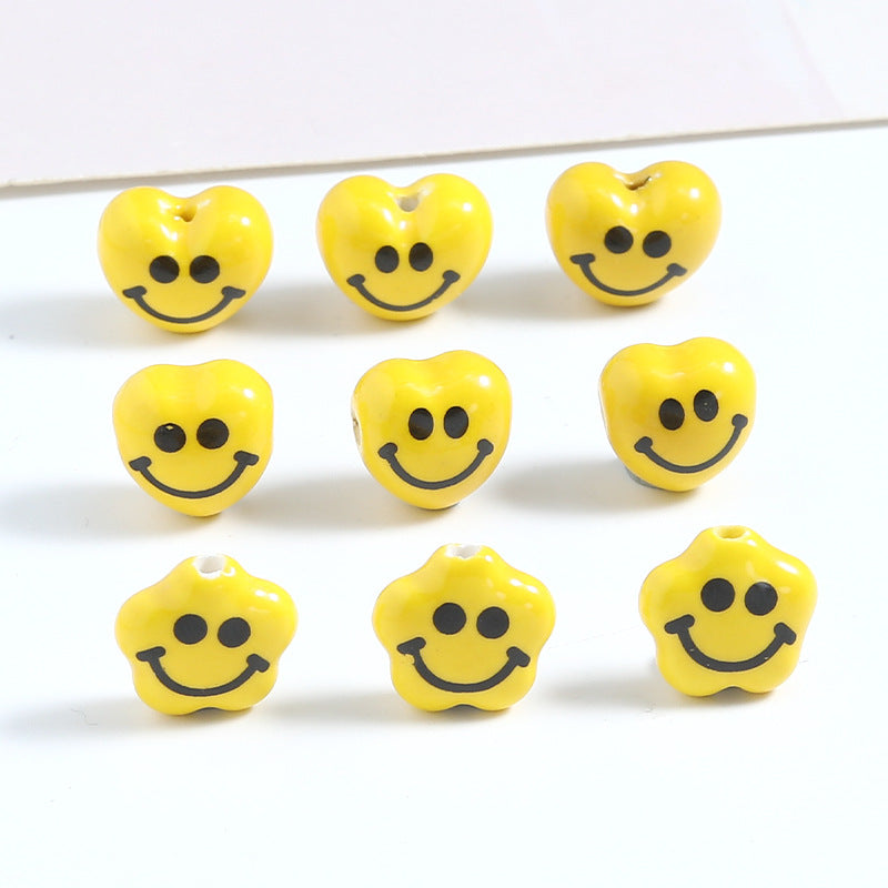 Yellow Smiley Star and Heart Ceramic Beads Glossy 10pcs