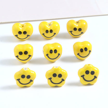 Yellow Smiley Star and Heart Ceramic Beads Glossy 10pcs