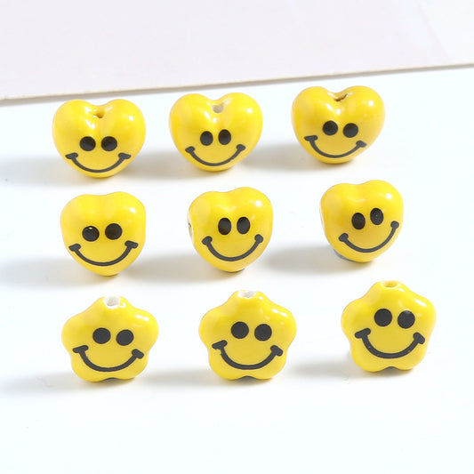 Yellow Smiley Star and Heart Ceramic Beads Glossy 10pcs