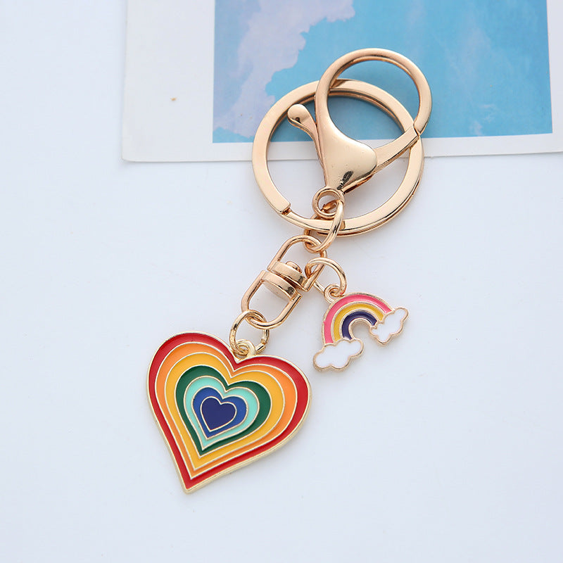 Rainbow Heart Keychain Metal Alloy Gold Tone with Rainbow Cloud Charm 2