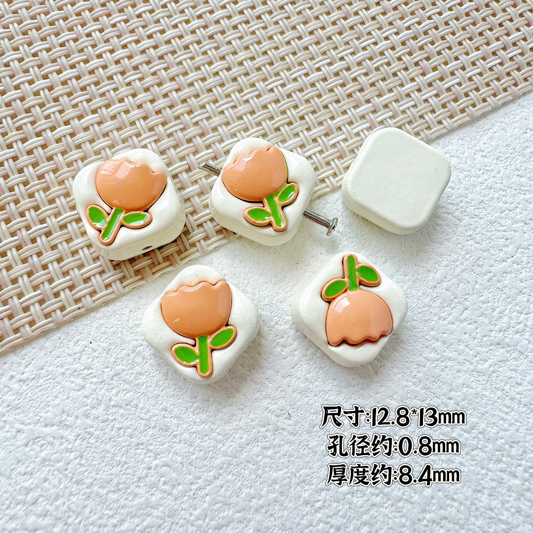 Tulip Square Heart Metal Beads 12mm Glossy Enamel Alloy 10pcs 7