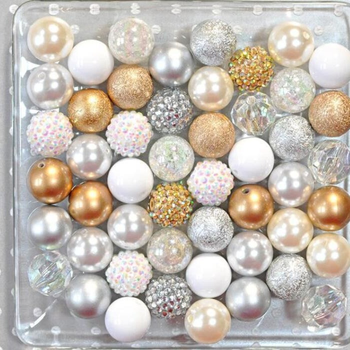 Bubblegum Beads 20mm Gold Silver White Rhinestone Chunky Mix 50pcs