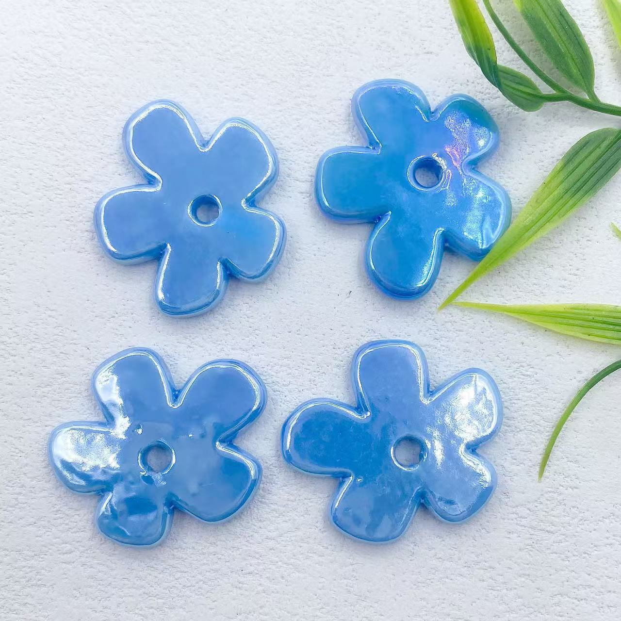 Flat Five-petal Flower Ceramic Beads 36mm Colorful Glazed 10pcs 10
