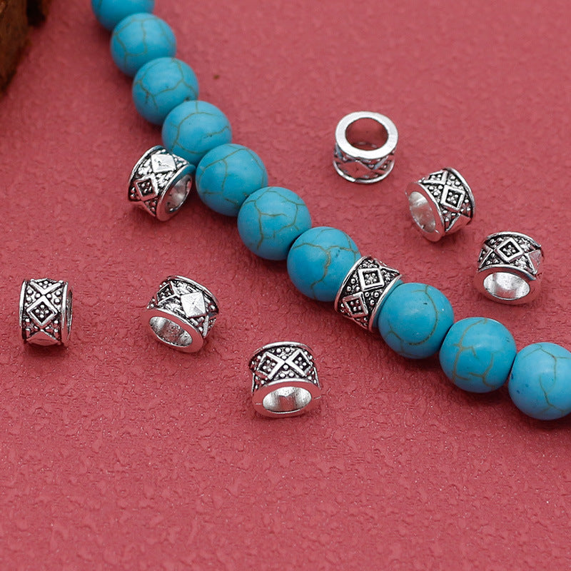 Rhombus Tube Metal Beads 7mm Tibetan Large Hole Vintage Silver Tone 100pcs