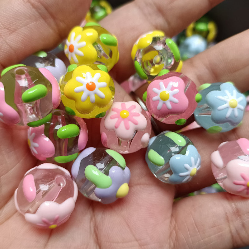 Hand Painted Flower Acrylic Beads 16mm Transparent Round 100pcs