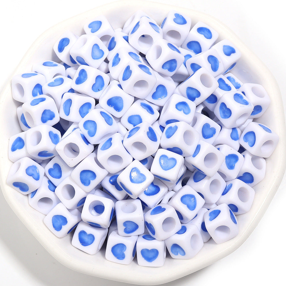 Square Acrylic Beads 6.7mm Glossy Dripping Oil Love Design 100pcs 7