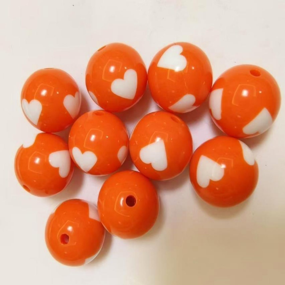 Printed Bubblegum Beads 20mm Orange with White Heart Design 10pcs