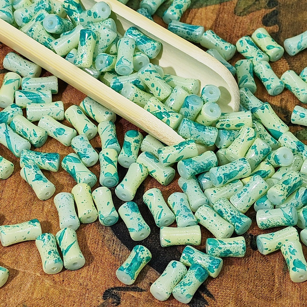 Painted Bamboo Tube Glass Beads 6X12mm Marbled Earth Tone 50pcs 11