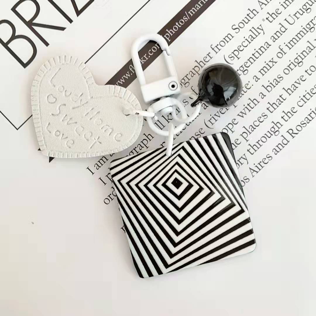 Cartoon Acrylic Plaid Striped Heart Leather Keychain Monochrome Design 17