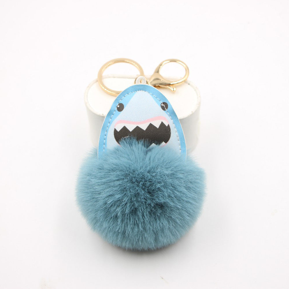 Plush Shark Keychain Blue Leather Face Fluffy Pom Pom Belly 11