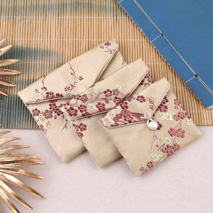 Vintage Chinese Style Brocade Plum Blossom Pattern Snap Closure Pouch 7x8-10x12cm 1pc 7
