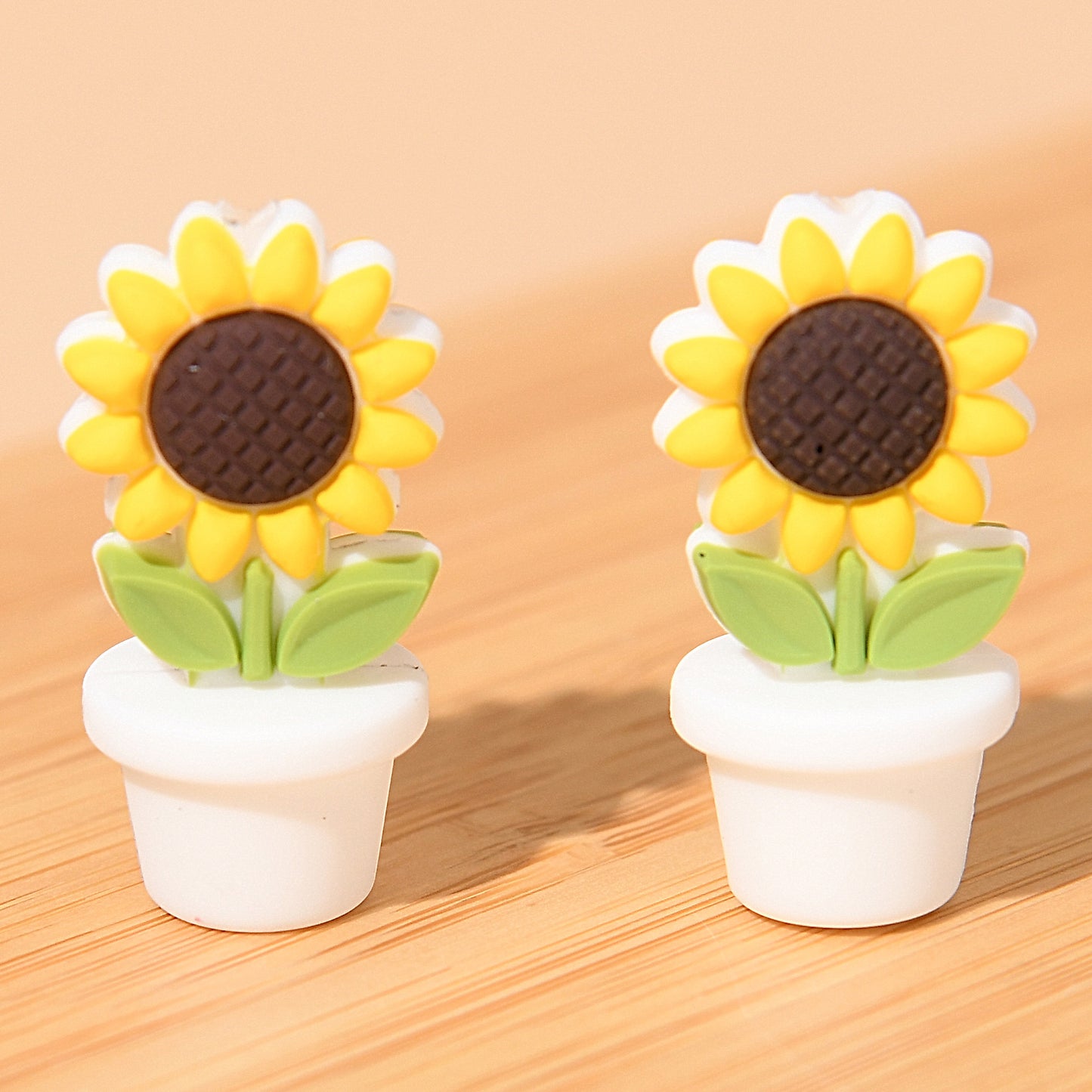 Silicone Focal Beads Sunflower Flowerpot Brown Pot Yellow Flower 20pcs 10