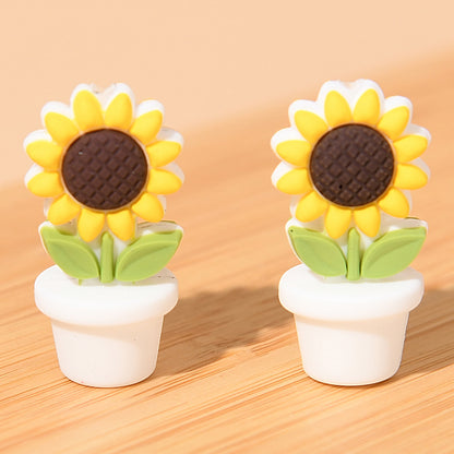 Silicone Focal Beads Sunflower Flowerpot Brown Pot Yellow Flower 20pcs 10