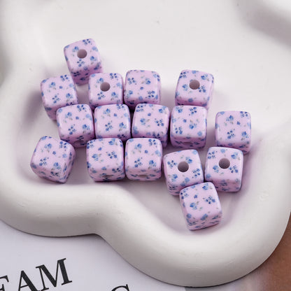 Vintage Spring Floral Plaid Square Acrylic Beads 13mm 50pcs 12