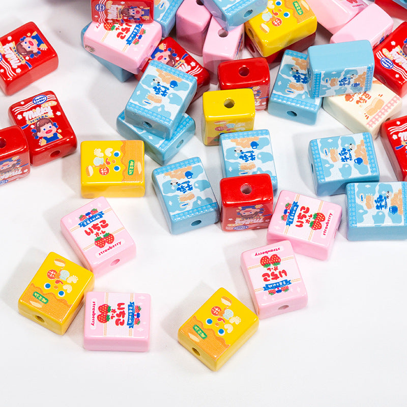 Painted Square Acrylic Beads 20mm Cartoon Snack Box 10pcs 4