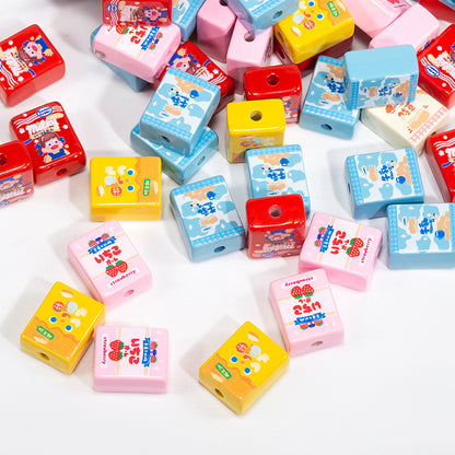 Painted Square Acrylic Beads 20mm Cartoon Snack Box 10pcs 4
